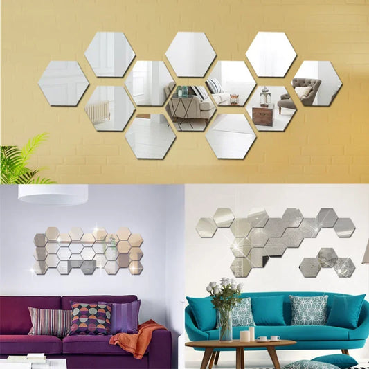 12Pcs Mirror Wall Sticker Hexagon Decal Home Decor DIY Self-adhesive Mirror Stickers Wall Accessories Bedroom Decoration