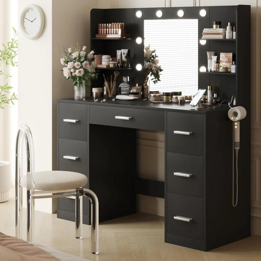 Vanity Desk Mirror, Power Outlet And 10 Lights, Makeup Table With 7 Drawers, 3 Color Modes Available For Bedroom, B