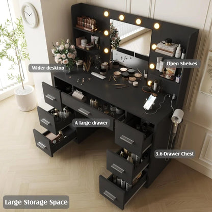 Vanity Desk Mirror, Power Outlet And 10 Lights, Makeup Table With 7 Drawers, 3 Color Modes Available For Bedroom, B