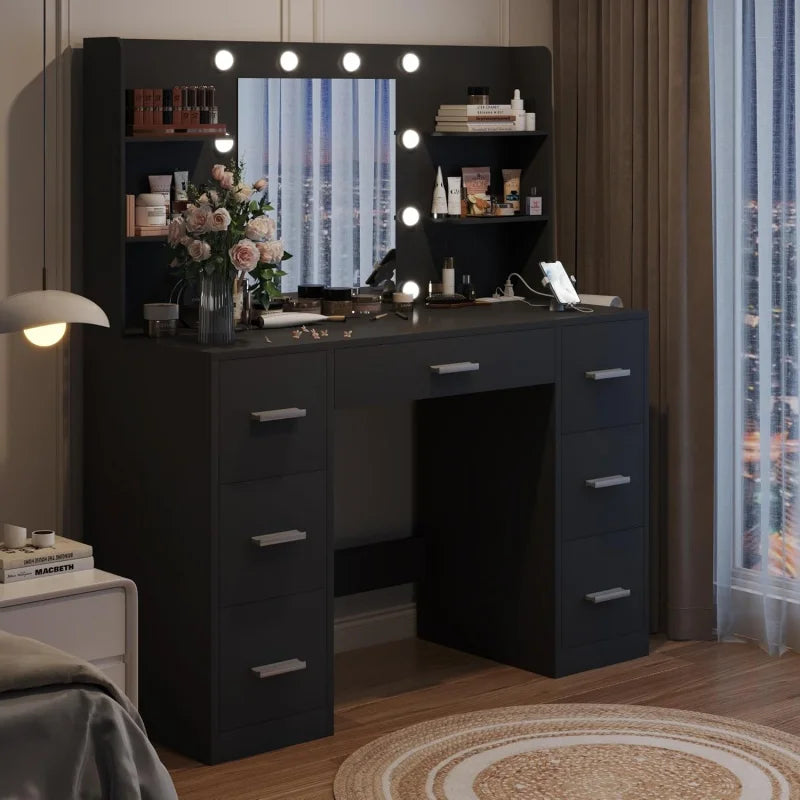 Vanity Desk Mirror, Power Outlet And 10 Lights, Makeup Table With 7 Drawers, 3 Color Modes Available For Bedroom, B