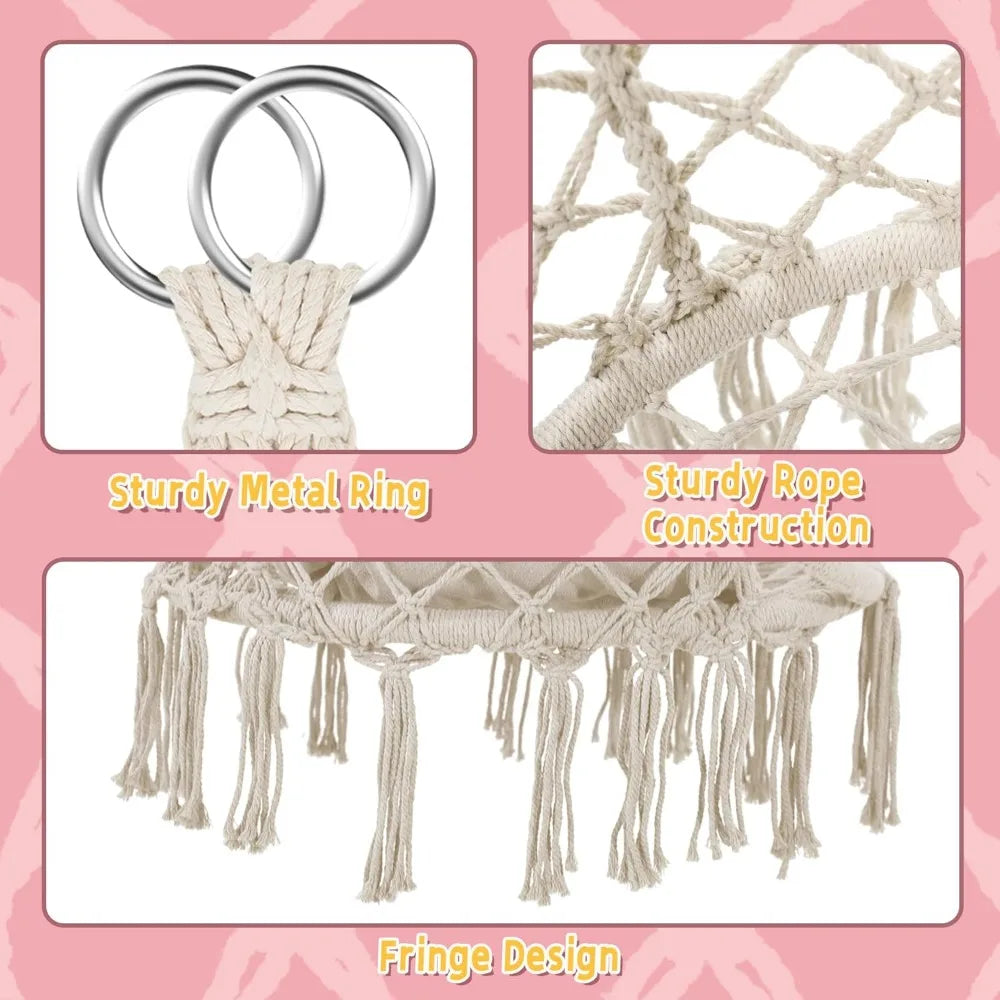 Macrame Hammock Hanging Swinging Chair with Medium Cushion, Perfect for Bedroom, Porch, Adults, Balcony, Beige