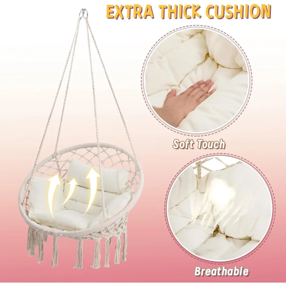 Macrame Hammock Hanging Swinging Chair with Medium Cushion, Perfect for Bedroom, Porch, Adults, Balcony, Beige