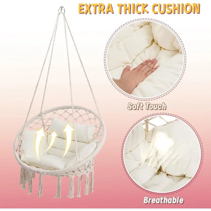 Macrame Hammock Hanging Swinging Chair with Medium Cushion, Perfect for Bedroom, Porch, Adults, Balcony, Beige