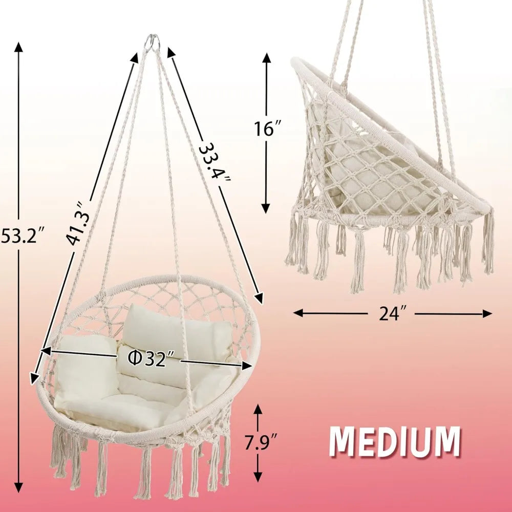 Macrame Hammock Hanging Swinging Chair with Medium Cushion, Perfect for Bedroom, Porch, Adults, Balcony, Beige