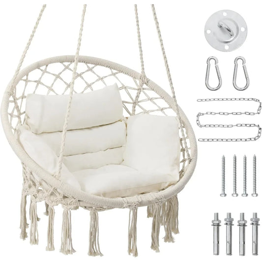 Macrame Hammock Hanging Swinging Chair with Medium Cushion, Perfect for Bedroom, Porch, Adults, Balcony, Beige